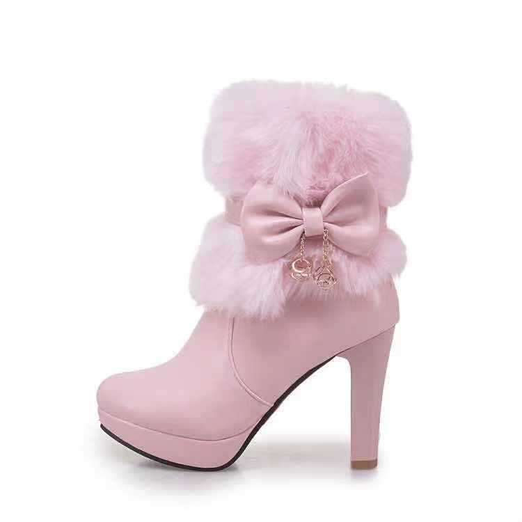 Women'S Winter Warm Fleece-Lined Ankle Boots with Plush Furry Collar & Bowknot - Chunky Heel, Round Toe, Zipper Closure, Lightweight Durable PU Cover, Cushioned Insole & Arch Support - Elegant Cold-Proof Boots for Outdoor Walking, Casual & Formal Ou