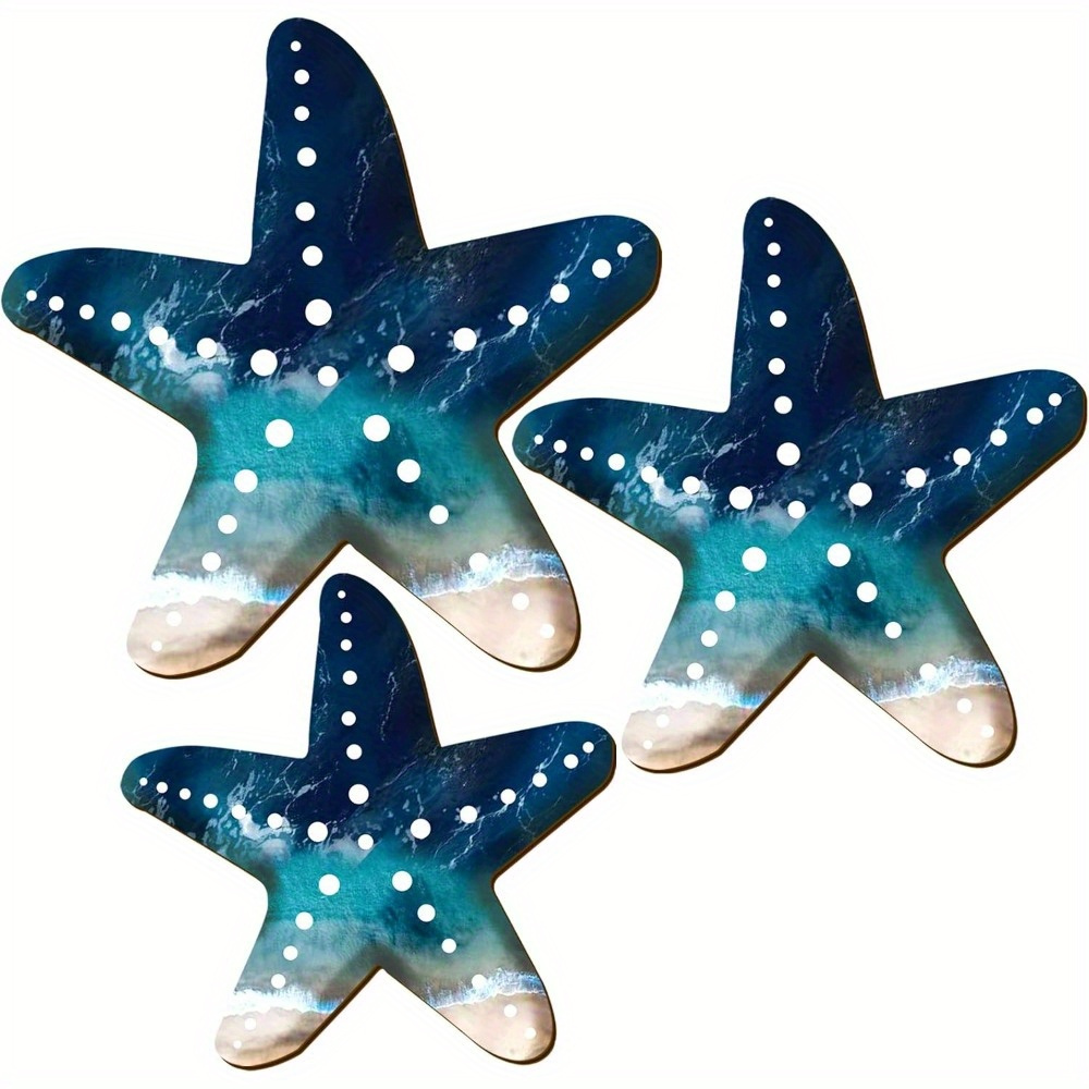 Image of 3pcs Wooden Starfish Wall Decor Set - Nautical Theme Art, Blue And White Polka , High-quality Wood, Outdoor/indoor Hanging Decor For Garden, Patio, Farmhouse, Weather-resistant Decoration