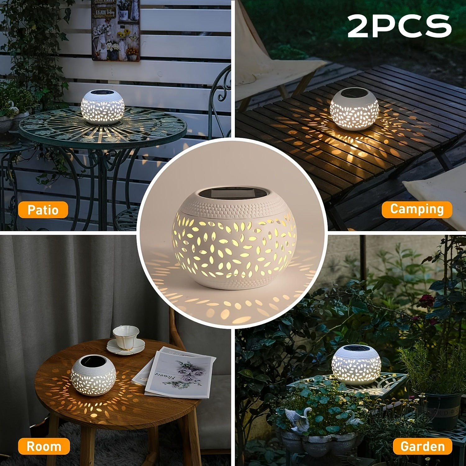 Image of 2pack Led Solar Table Lamp For Outdoors, Ip44 Compact Decorative Garden Lantern With Warm , Automatic Dusk Lighting, Pattern Projection Light For Patio, Terrace, Balcony And Bistro Table