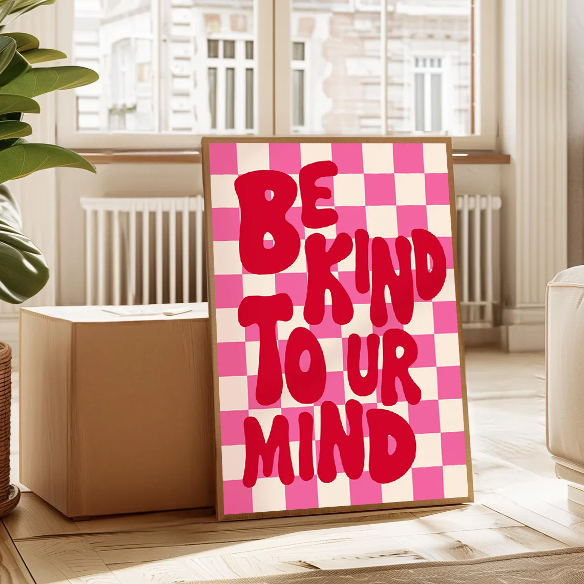 1pc Be Kind To Wall Art Print - Self-care Affirmation Poster, Trendy Checkerboard Canvas Painting Suitable For Bedroom & Living Room Decor, Unframed Minimalist Decorative Art,halloween Christmas Decor