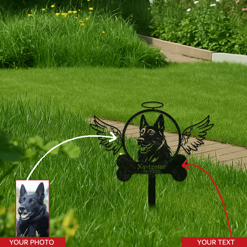 Customizable German Shepherd Memorial Stake with Hand-Drawn Angel Design