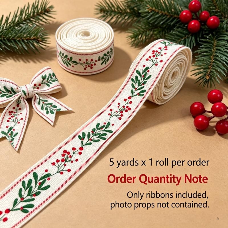 TEMU 1 Roll, 1.5 Inch, 5 Yards, 38 Mm Wired Ribbon For Christmas, With Ivory-white Holly With Red Berries Pattern, Polyester Bow - Tying Ribbon For