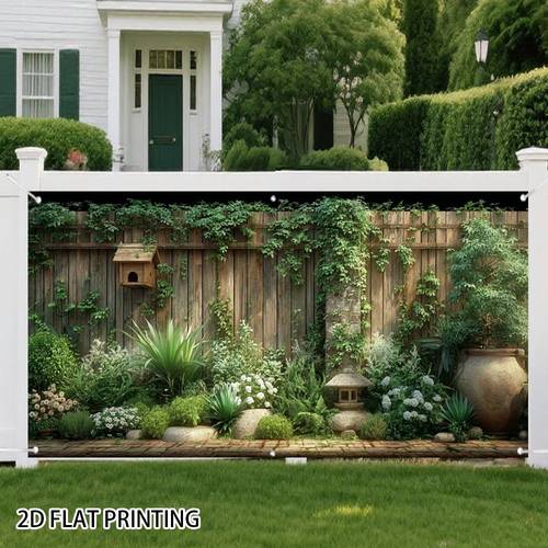 2d flat 1pc garden fence with ivy plants garage door banner decorative fence polyester fiber suitable for backyard festival party garage door trim wind shielding with fixing rope party decor 2d flat
