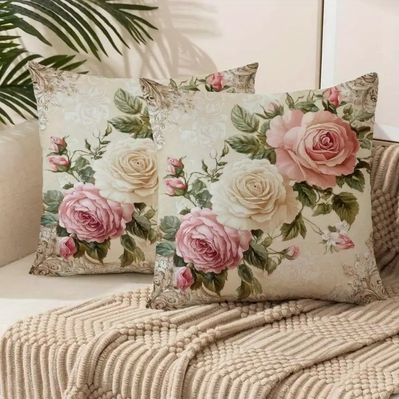 TEMU 2pcs Rose Floral Throw Pillow Covers- Decor For Sofas And Couches, Polyester, Zipper Closure, Hand Wash , No Insert Included, Pillows For Couch