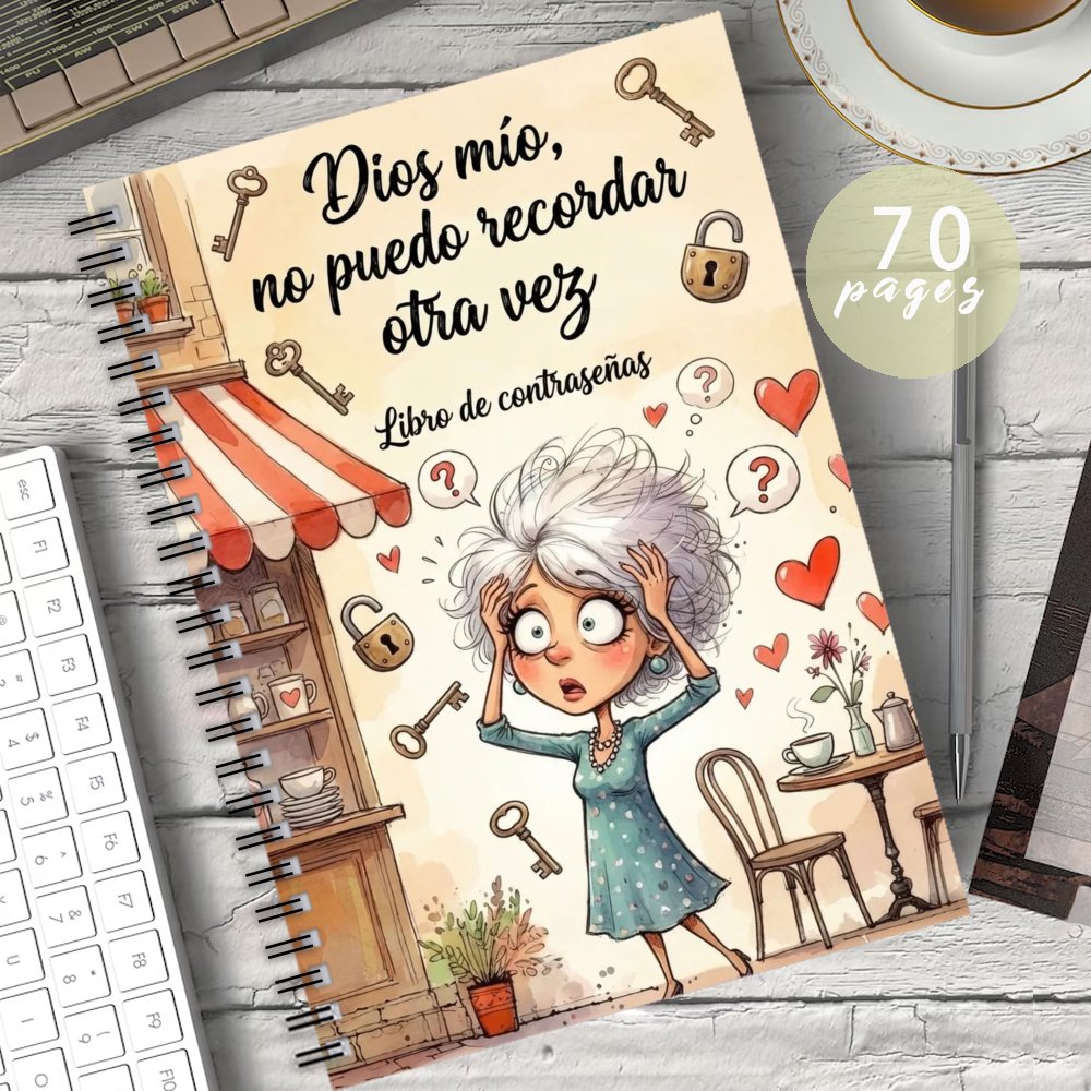 TEMU Cuaderno de contraseñas en español de 1 pieza con anillas en , diseño de mujer mayor estresada de dibujos animados, guarda contraseñas para
