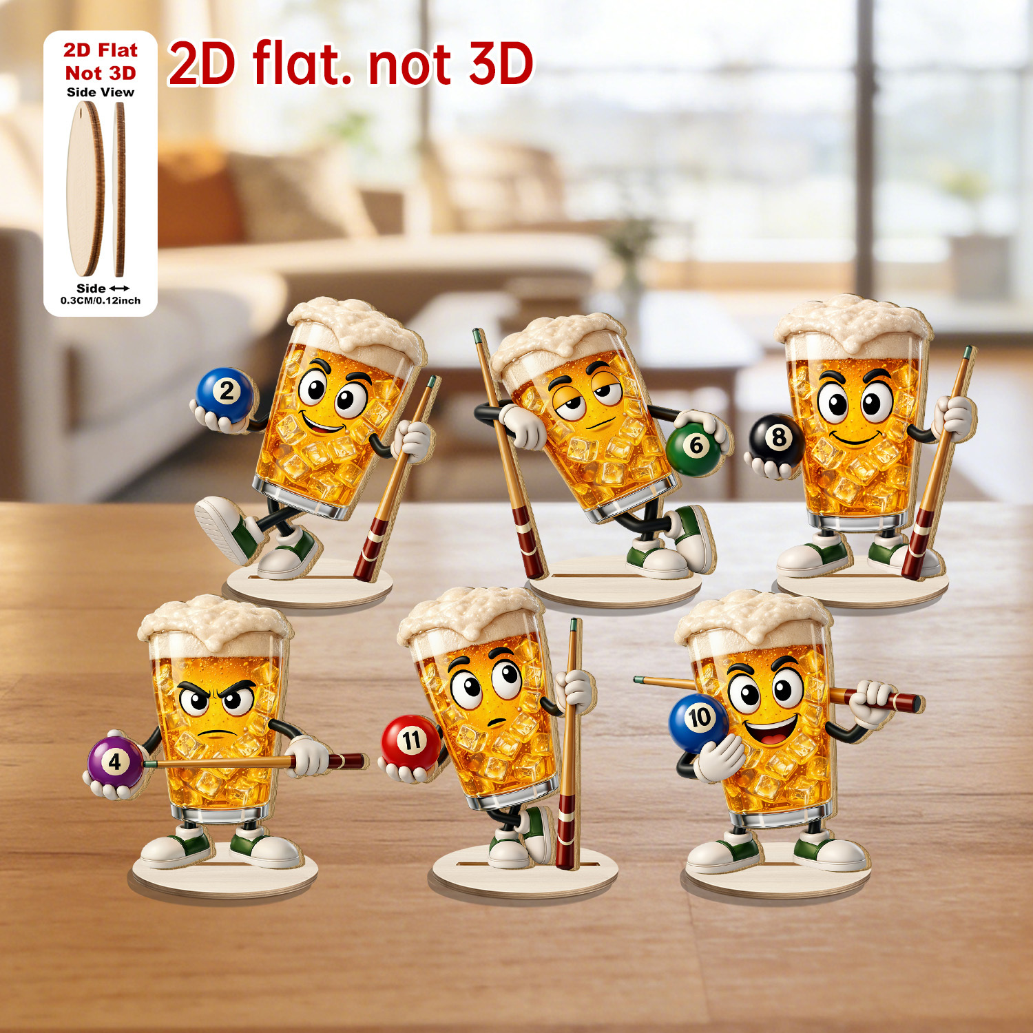 TEMU 2d Flat 6pcs Figurine Ornaments. Funny Billiards Playing Beer Mug Artificial Wood Tabletop Standee Ornaments, Pool Game And For Bar Pub Themed