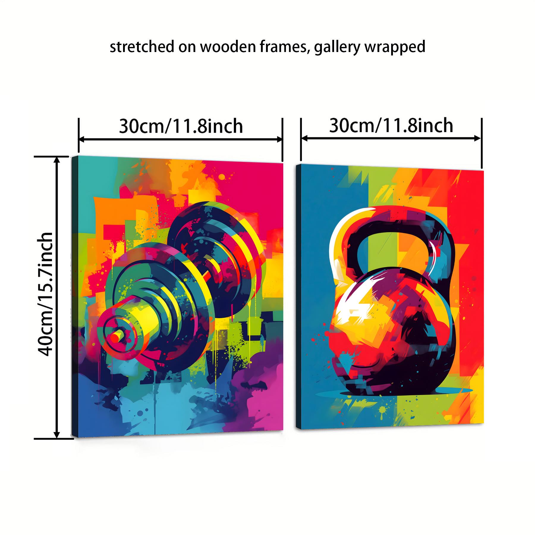 TEMU 2pcs Vibrant Gym Artwork With Wooden Frame - Colorful Dumbbells & Kettlebells Motivational Wall Decor, Waterproof Canvas Posters For Home Gyms,