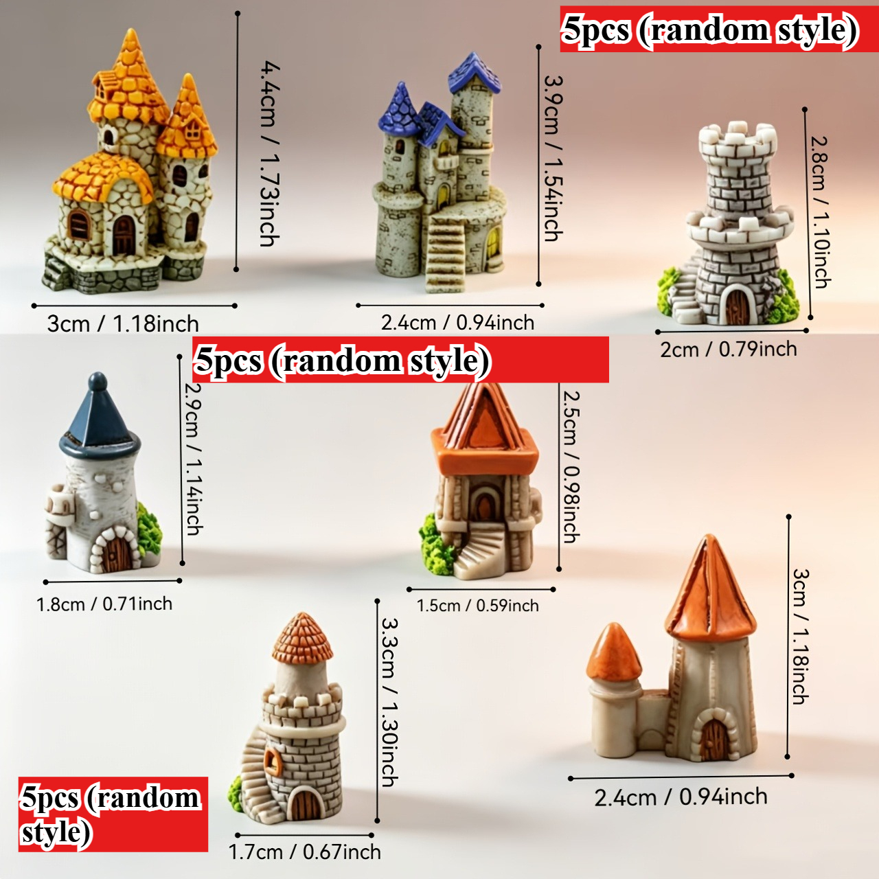 TEMU 5pcs Miniature Castle Building Resin Ornaments, Dollhouse Scene Scenery Additions, Desktop Micro Landscape Garden Decoration, Handmade Scene