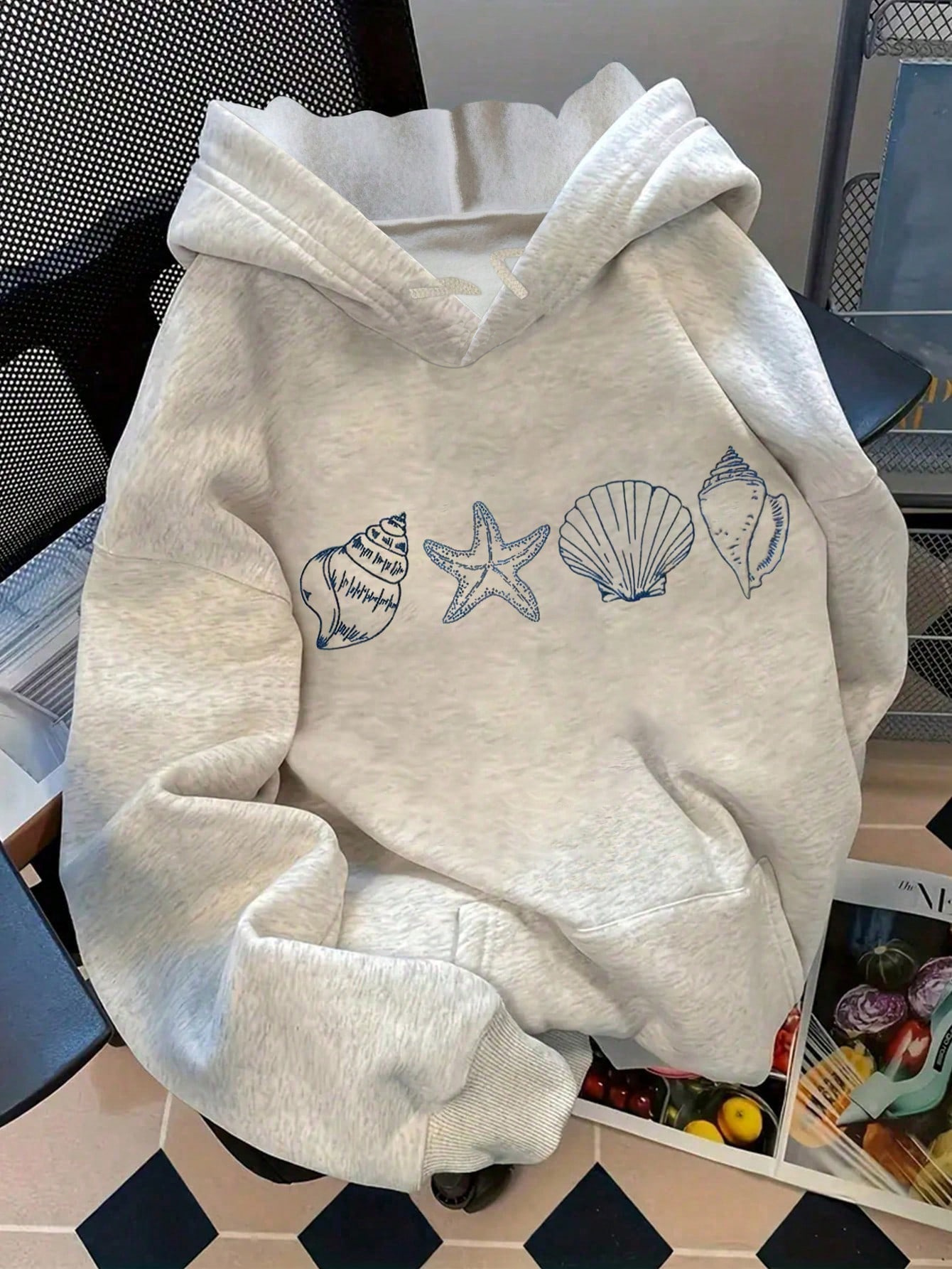   seashell and   shell pattern print womens plain weave pullover hoodie sweatshirt with shoulder design and kangaroo pocket autumn winter style