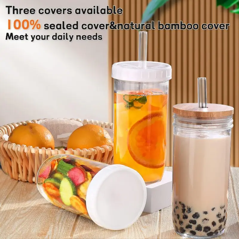 4pcs 24oz reusable glass cups with lids straws wide mouth mason jar design leak proof lids smoothies and cold drinks durable stylish beverage containers beverage serving cups modern glass cups durable glass cups glass cups for drinks Product details 1