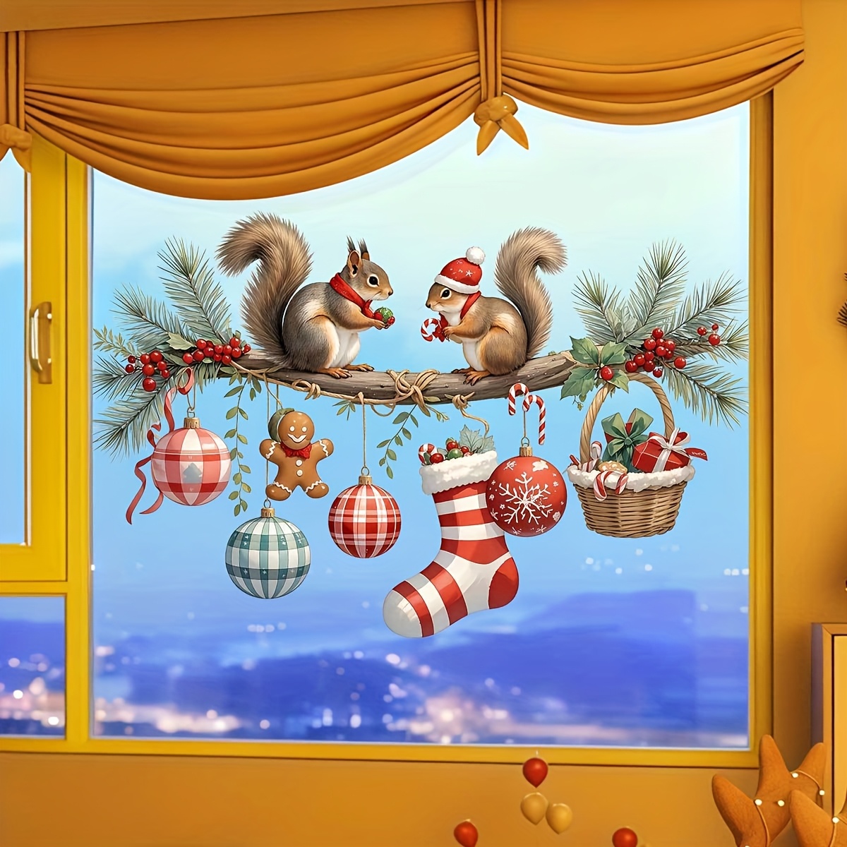 TEMU 1pc Christmas Squirrel Pine Branch Christmas Ball Gingerbread Man Socks Candy Vine Gift Window Sticker Creative Removable Double-sided Pet Glass