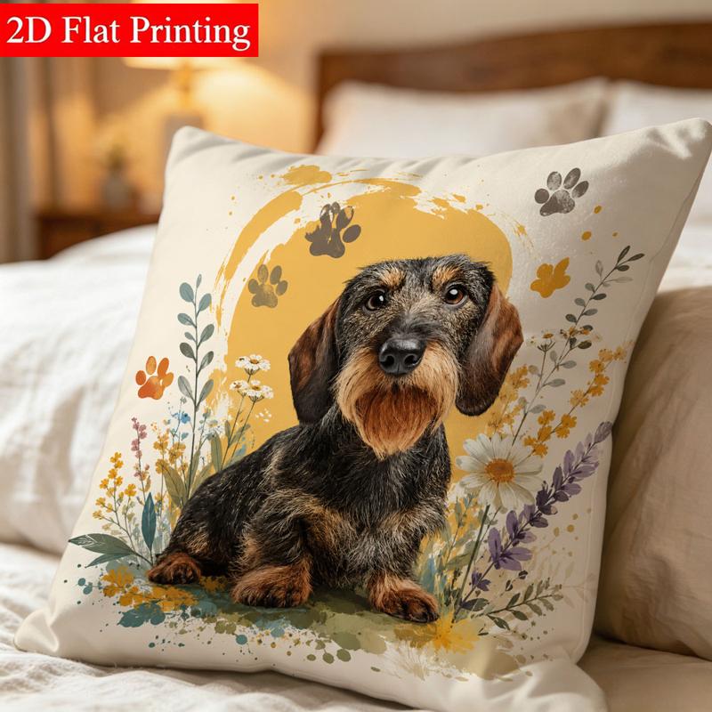 TEMU Decoratieve kussensloop, 45x45cm, dubbelzijdig bedrukt, met een teckel met ruw haar & bloemmotief, voor gebruik in bed, gezellige warme sfeer,