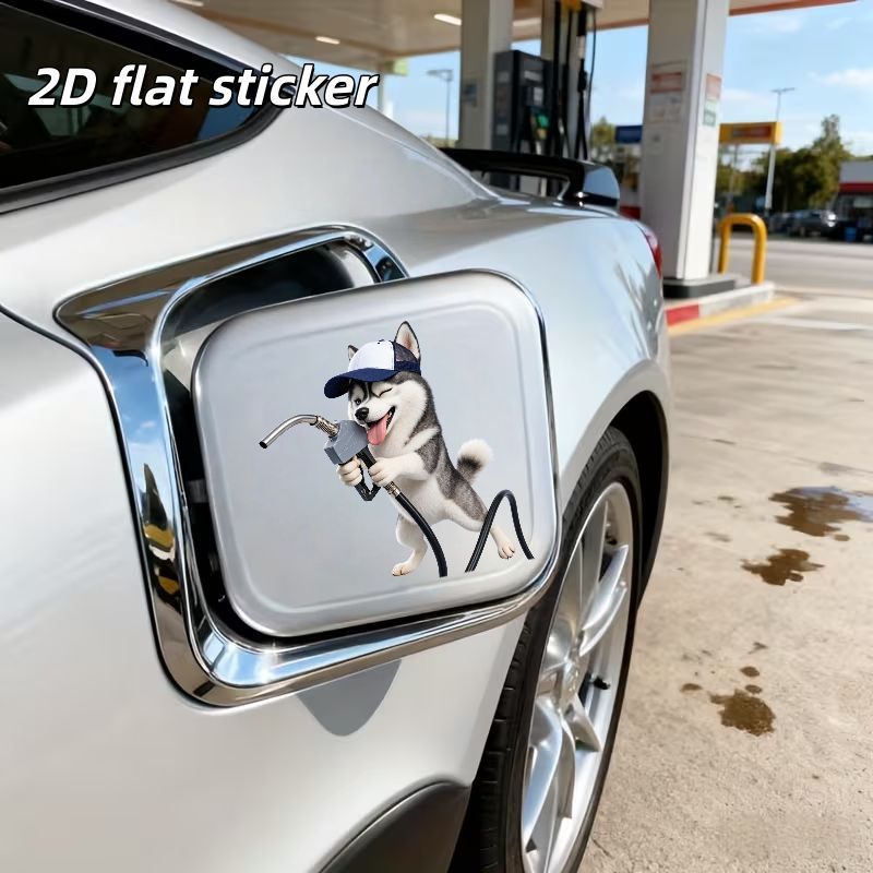 1pc 2d Flat Sticker Car Fuel Tank Cap Sticker, Car Decal, , Upright Ears, Wearing White & Navy Blue Baseball Cap, & Sticking Out Pink Tongue, Holding Gray Fuel Nozzle With Metallic Hose ( Refueling)