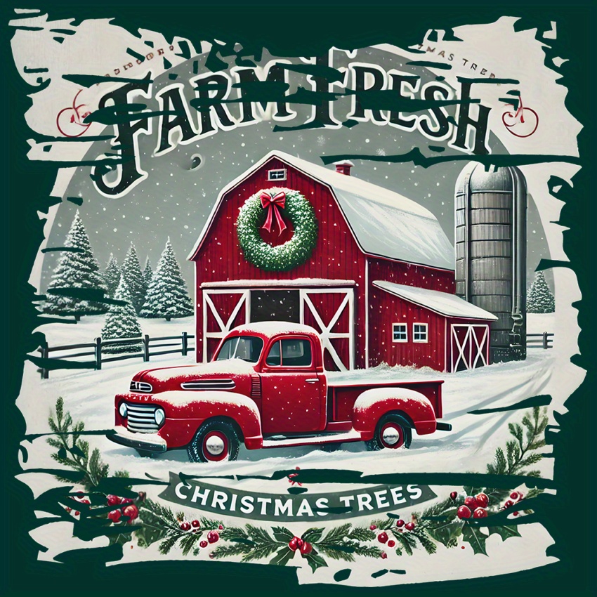 1pc An 11-inch Christmas-themed Heat Transfer Sticker Featuring A Vintage , A Snowy Barn, And Holly Design. This Washable Polyurethane Decal Is Suitable For T-shirts, Hoodies, Bags