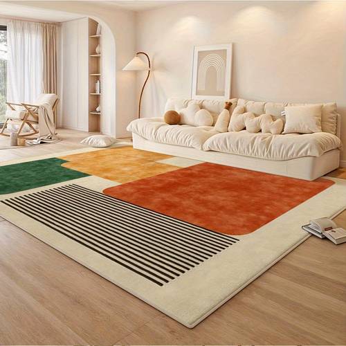 item picture machine washable living room rug with a geometric featuring contrasting orange green and brown stripes easy to for living room bedroom or office decor rug with orange green and brown stripes