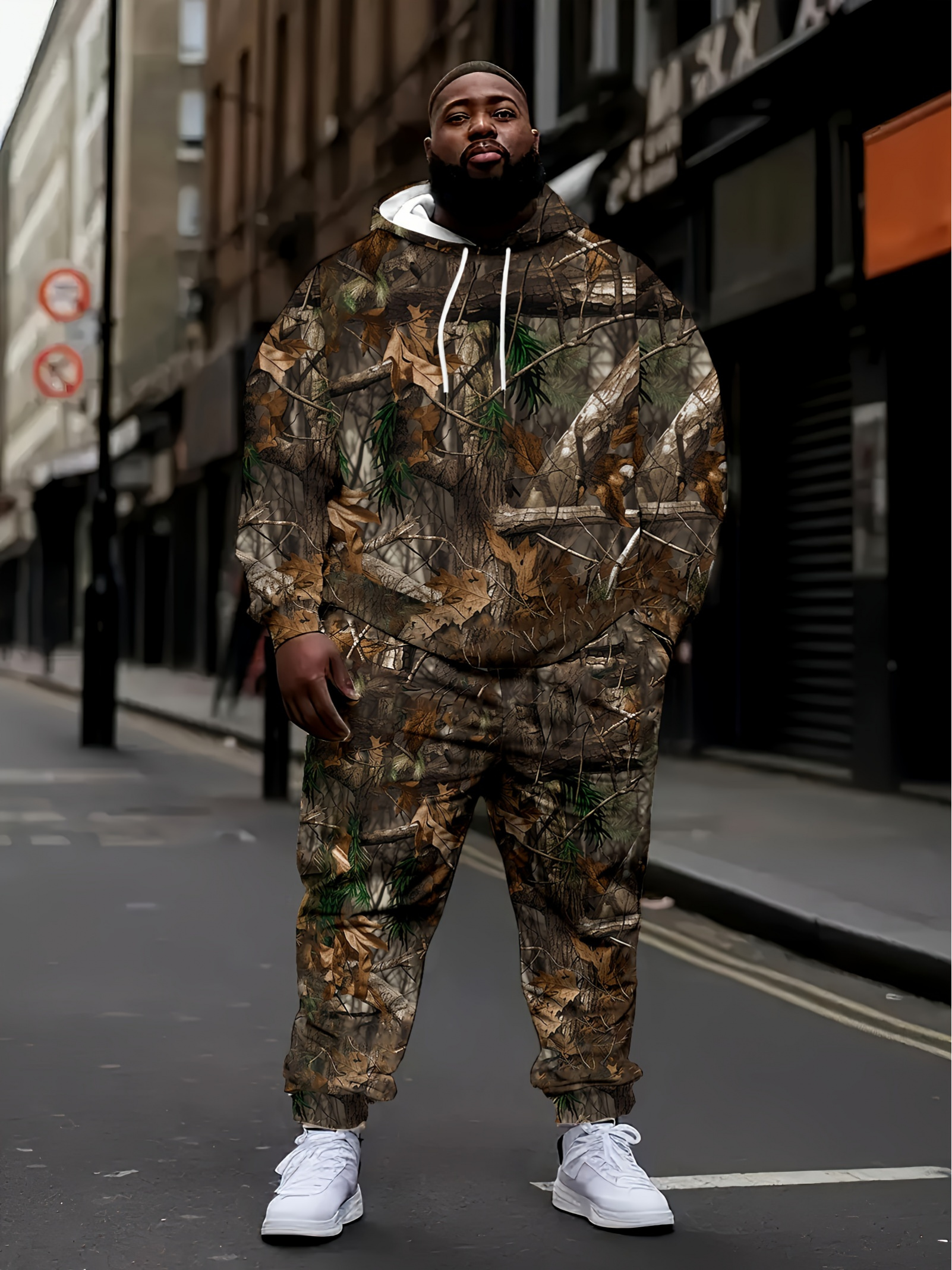 2pcs men s camouflage leaf print hooded sweatshirt & joggers set - oversized soft draped fabric, elastic drawstring waist & pocket, green/brown camo pattern for outdoor casual wear, gym, jogging - machine washable comfortable athletic outfit, plus size 0