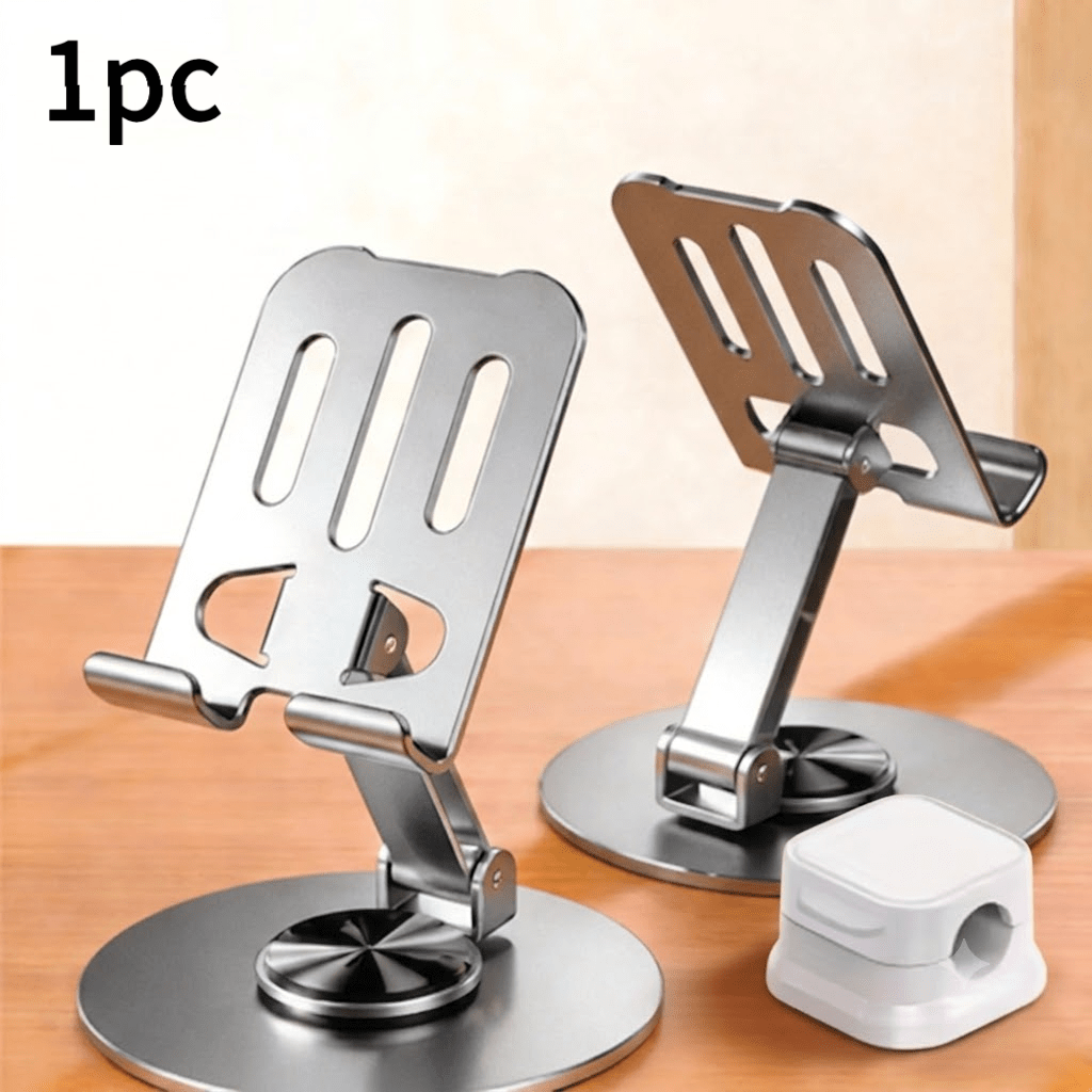 TEMU 1pc 360-degree Rotating Aluminum Alloy Phone Stand - Portable Foldable Tablet Holder For Desktop, Adjustable Height And Angle, With Charging