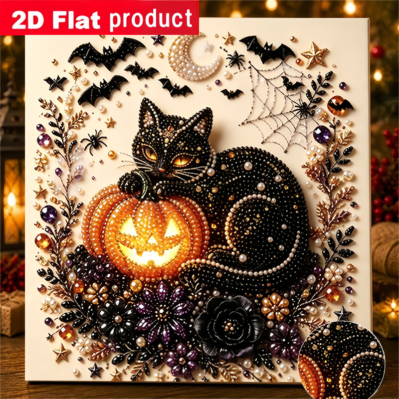 TEMU Peinture diamant perle 2D/impression à plat, nouveau motif de d'Halloween et lanterne citrouille, kit de peinture diamant DIY avec outils et