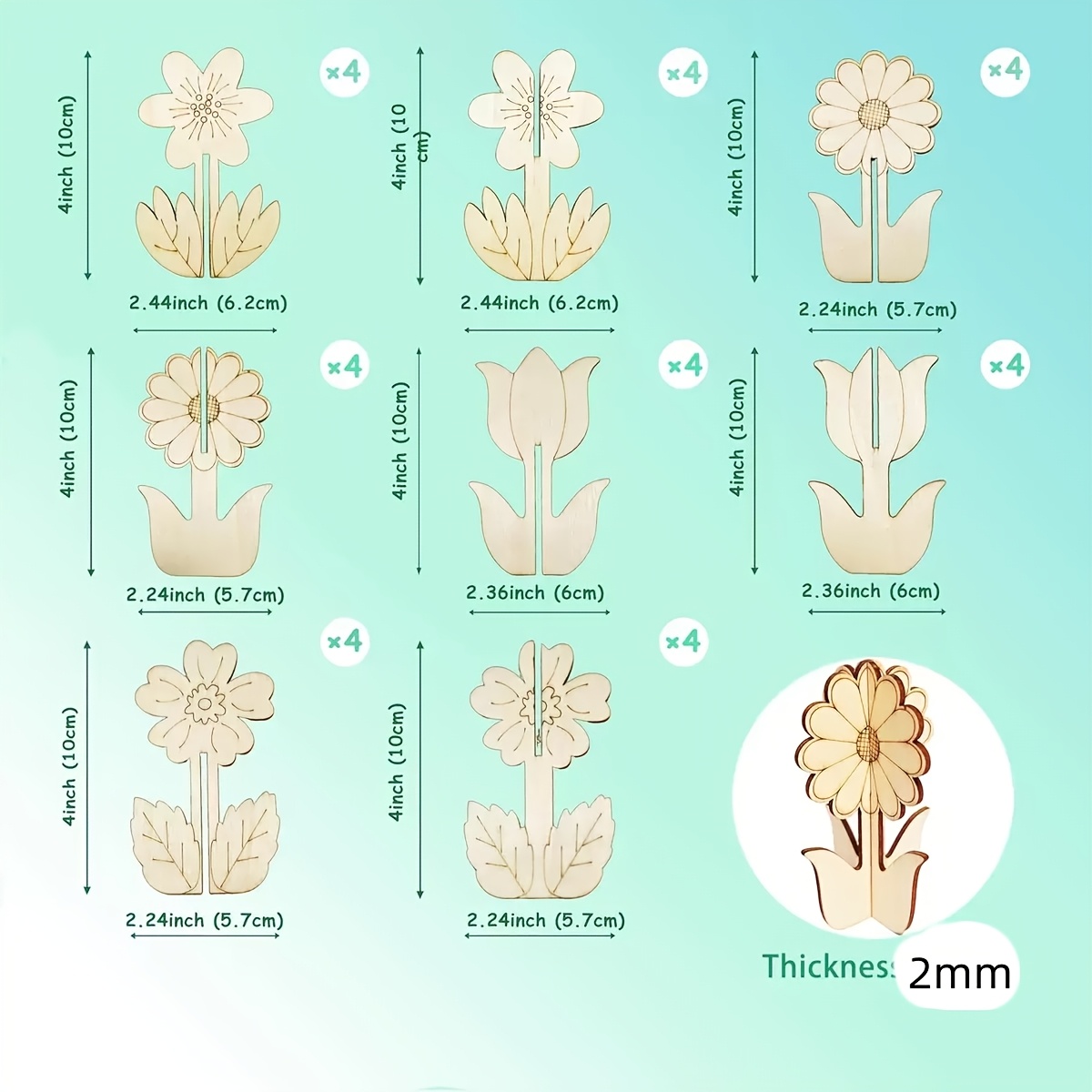 TEMU 32pcs 4 Styles 3d Wooden Crafts, Paintable Unfinished Wood Pieces, Great Home Decorations For Crafting, Flower Cutout Embellishments, For Party