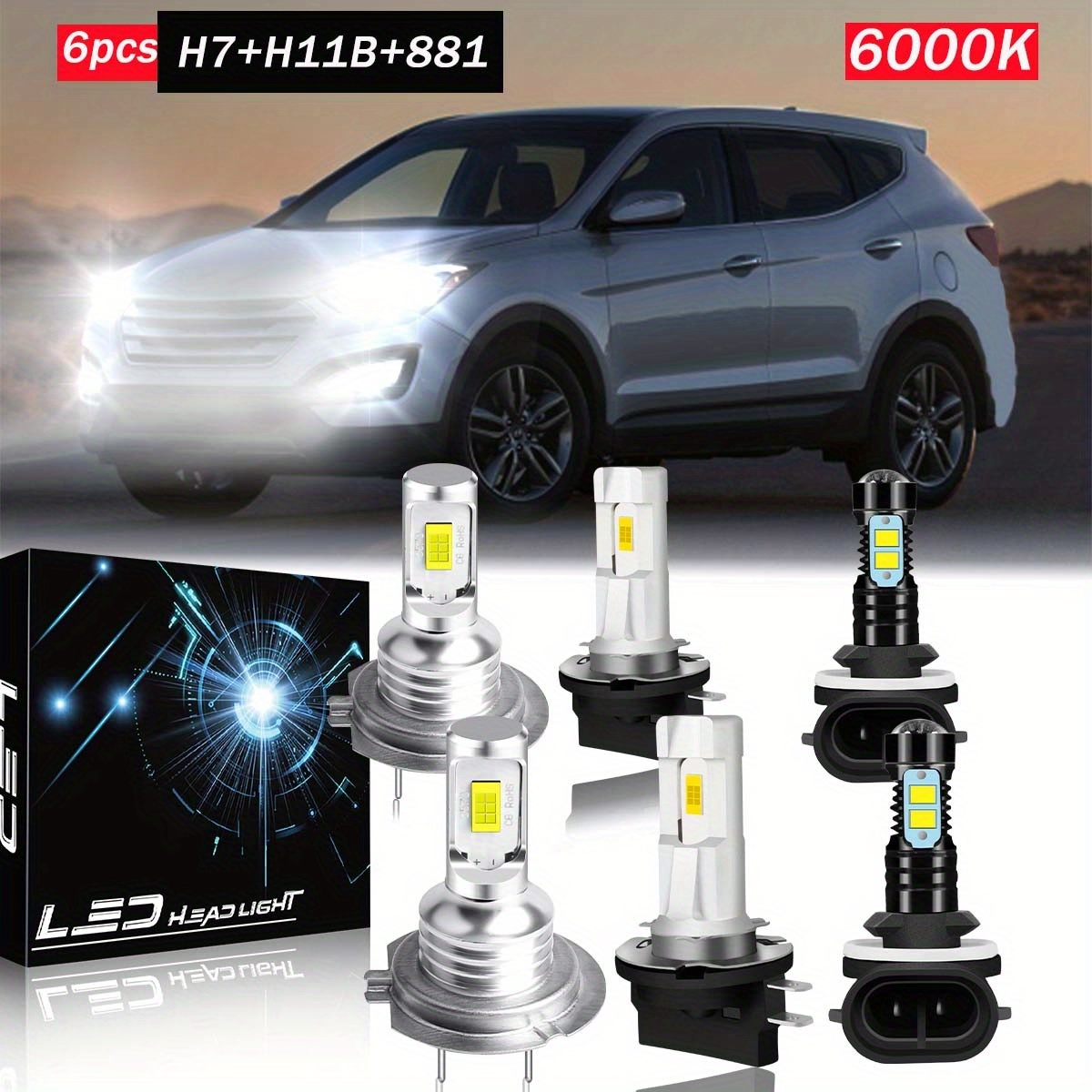 

6pcs, For Santa Fe 2009-2016 Led Headlight Bulbs, H7 High Beam+h11bl Low Beam+881 Fog Light Bulbs, 6000k White Light, Bulb Replacement Parts,