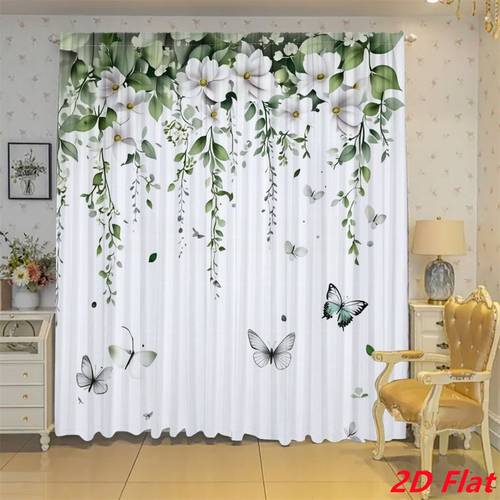 2d flat 2d flat print 2d flat 2d flat set of two flat curtains featuring white flowers and with a showcasing high definition digital printing in a botanical theme elegant 2d flat