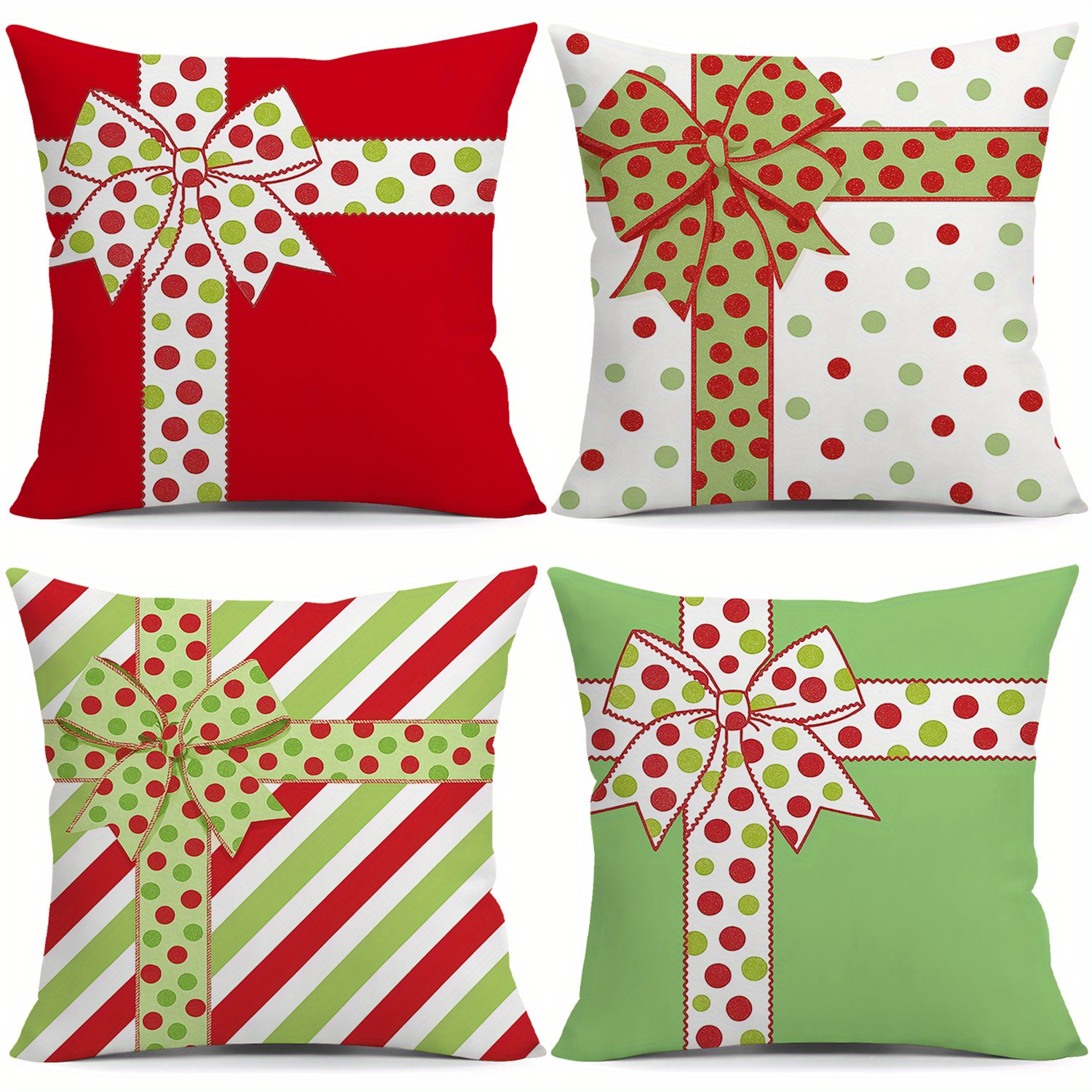 TEMU 4pcs Red Green Polka Dot Bow Christmas Throw Pillow Covers Diagonal Stripes Winter Home Party Decorations For Sofa Couch Livingroom