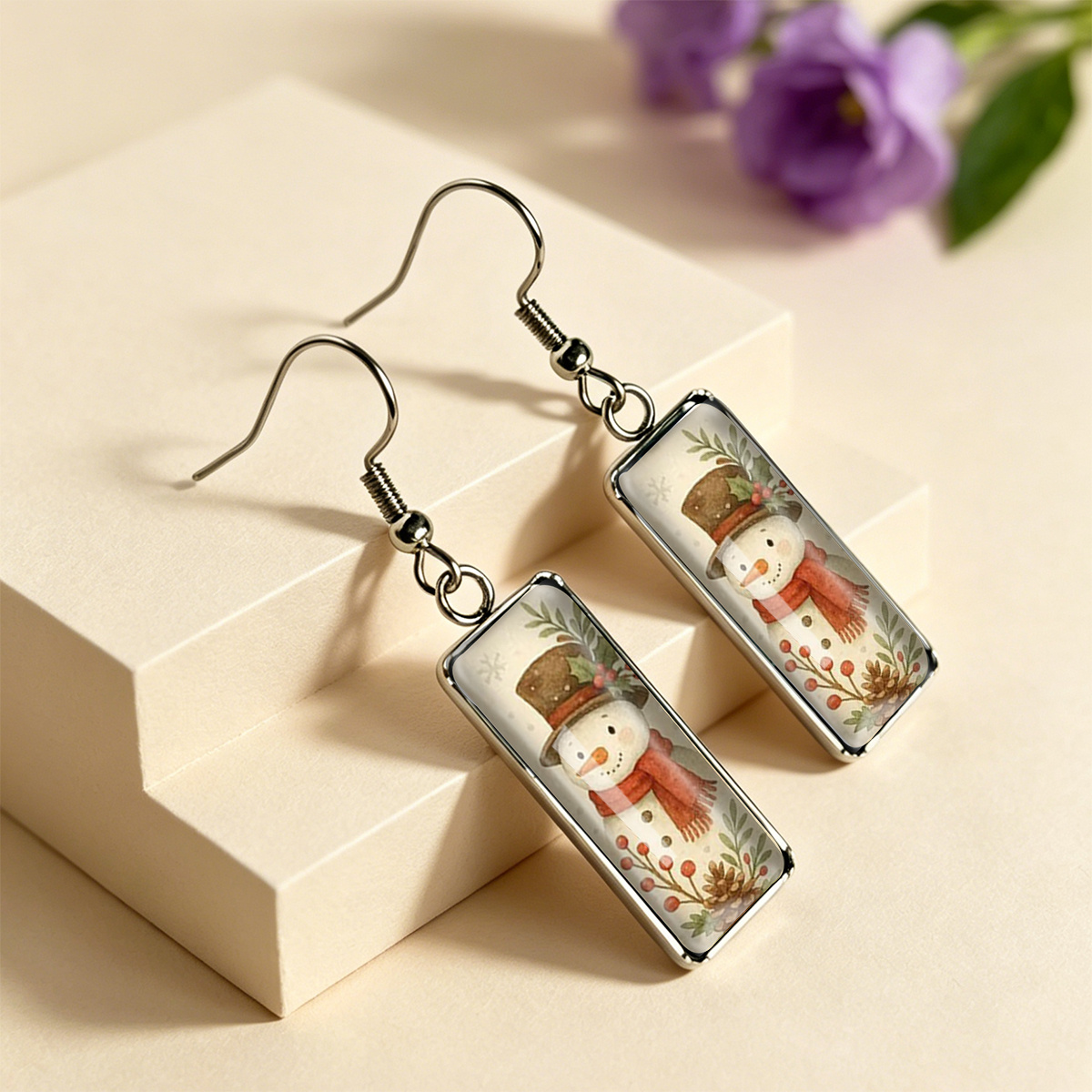 Vintage Top Hat Snowman Pattern Rectangular Earrings