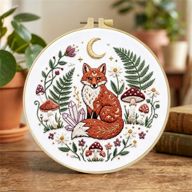 DIY Celestial Magic Red Fox & Moon Embroidery Kit for Beginners