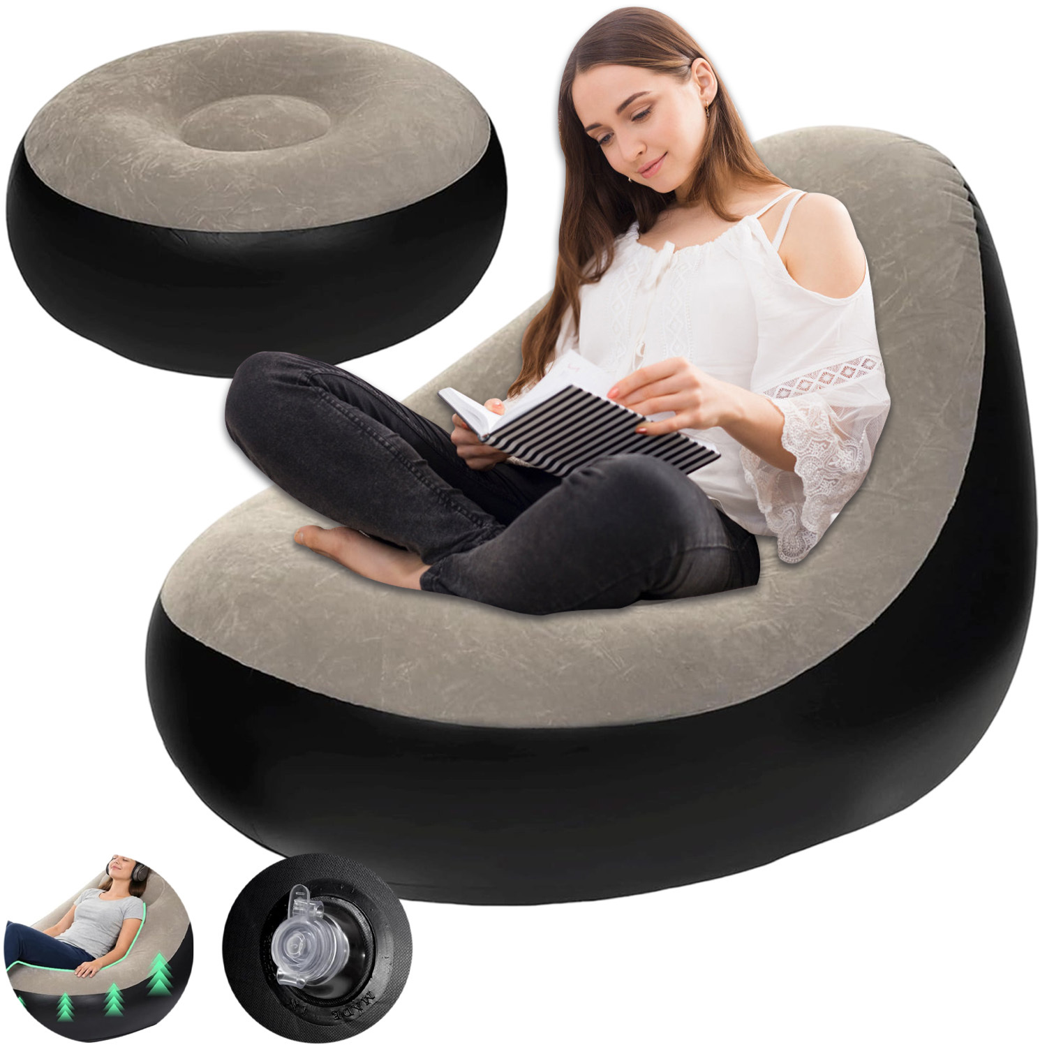 Portable Flocked Air Sofa With Foot Rest Accessory, Collapsible Inflatable Lounge Chair For Outdoor Picnic, Lawn And Living Room Use