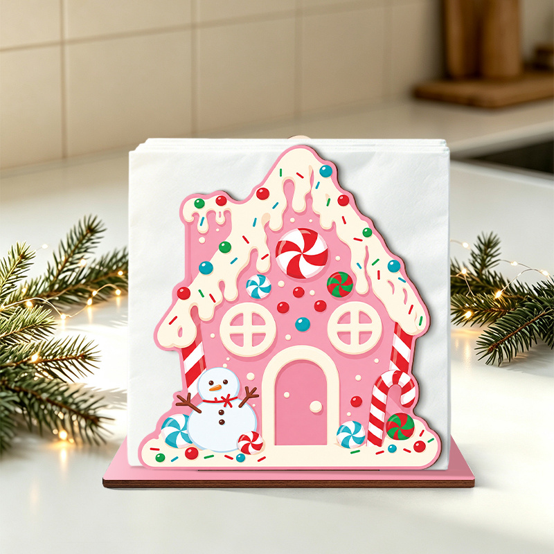 TEMU 2d Flat Printing 1pc Pink Gingerbread House Wooden Napkin Holder, Cute Candy Cane Snowman Peppermint Pattern Tissue Box, Home Kitchen Desktop