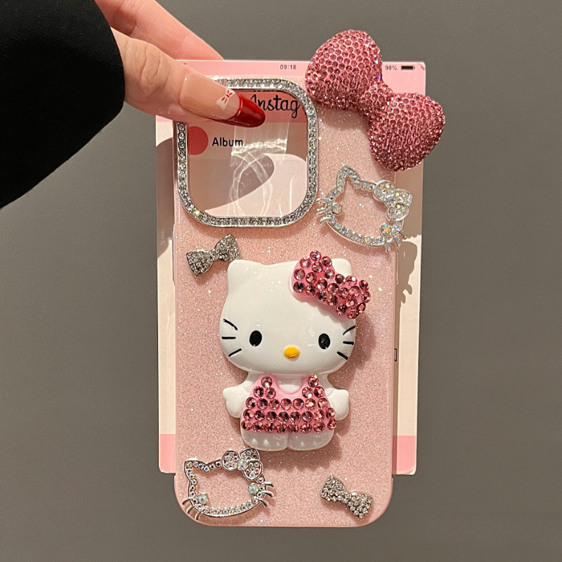 Korean-Style Sparkling 3D Diamond for hello kitty Bow Phone Case Suitable for Iphone 16 Pro Max, New Model for Apple 15 Pro, Perfect for, Light Luxury Design for 14 Pro, And Protective Case for 13