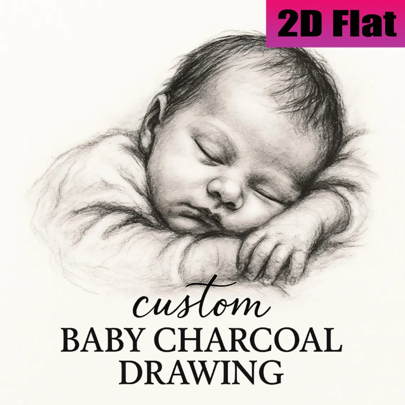 TEMU 2d Flat, Custom Baby Charcoal Portrait Based On A Photo, Personalized Newborn Sketch Art, Black-and- Baby Wall Art Gift.