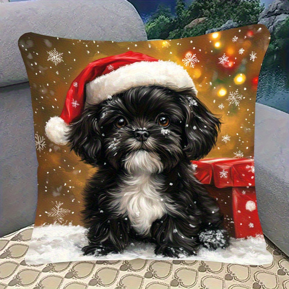 TEMU 1pc Pillowcase, Shih Tzu - Black Cute Christmas Style, Soft And Smooth Polyester Short Plush Fabric, Single-sided Printed Pattern, 45cm X 45cm,