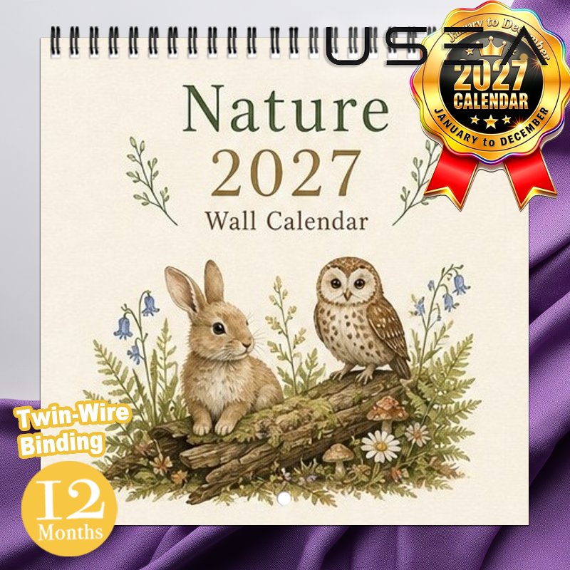 TEMU 2027 Wall Calendar,1 Pack 2027 Nature Wall Calendar, 12 Month Jan To Dec Vintage Woodland Hanging Planner With Twin Wire Binding, Large Blocks