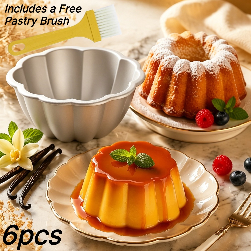 TEMU 6 Pack Flower Pudding Molds, Anodized Aluminum Bakeware For , Mini Cakes & Ice Cream, Ideal For Holiday & Birthday .(free Pastry Brush Included)