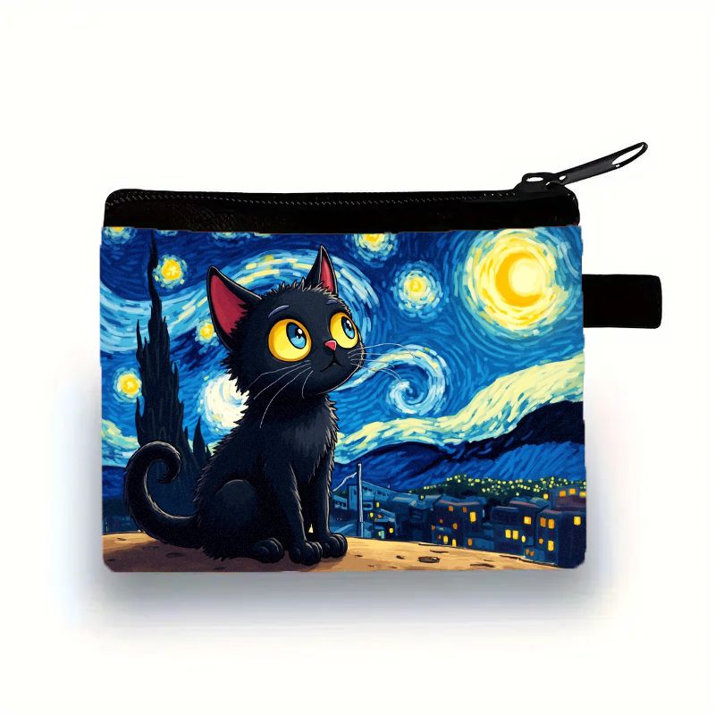 TEMU para damas con un adorable diseño de gato negro en una noche estrellada es a la vez económico y compacto. Es ideal para guardar tus llaves,