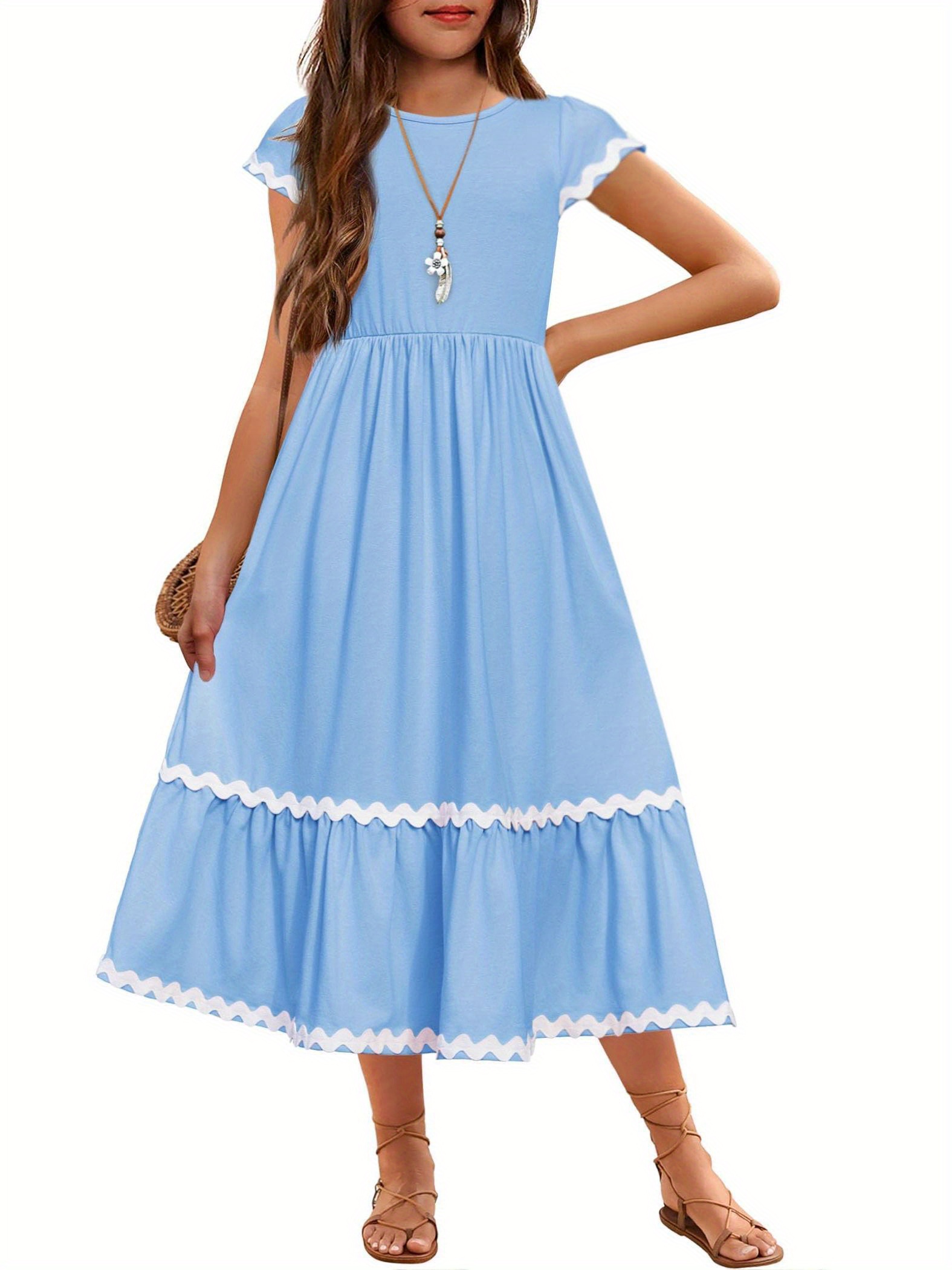 girls maxi dress kids long sleeve boho belted ruffle swing casual dresses  with pockets - kids' fashion - Temu