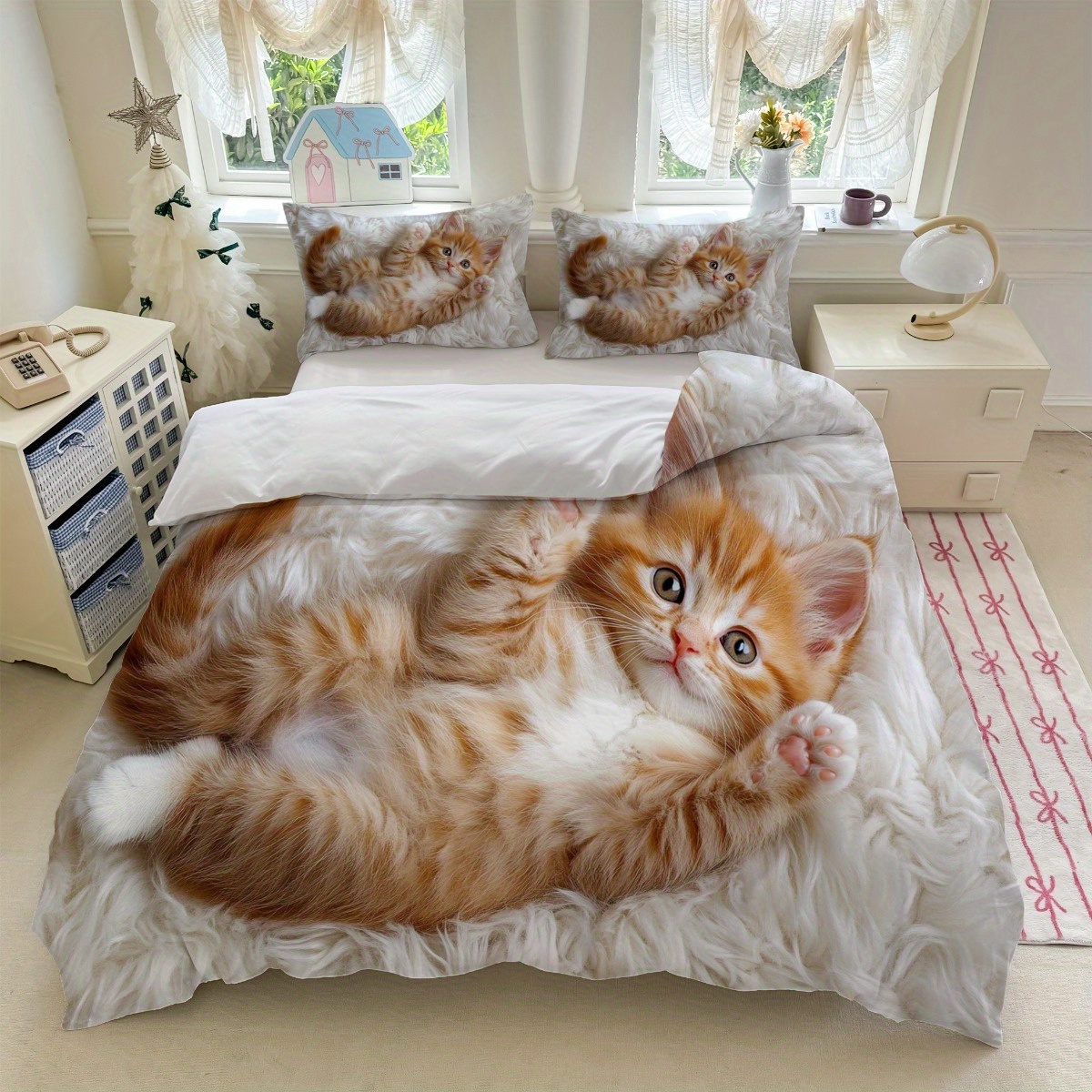 TEMU 3pcs 3d Bedding In White Featuring An Orange Kitten Pattern (includes 1 Duvet Cover And 2 Pillowcases, Core Not Included) - Ideal For Use, Great