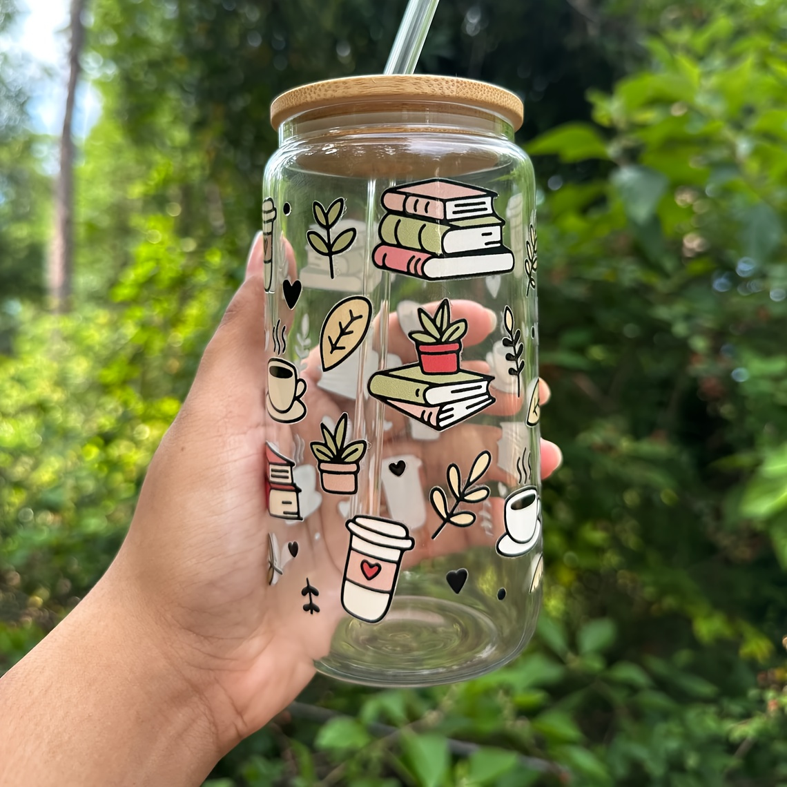 Image of 16oz Book-inspired Glass Coffee Cup With Lid And Straw - Reusable, High-quality Drinkware For Coffee, Juice, Milk, Beer - Perfect Gift For Readers