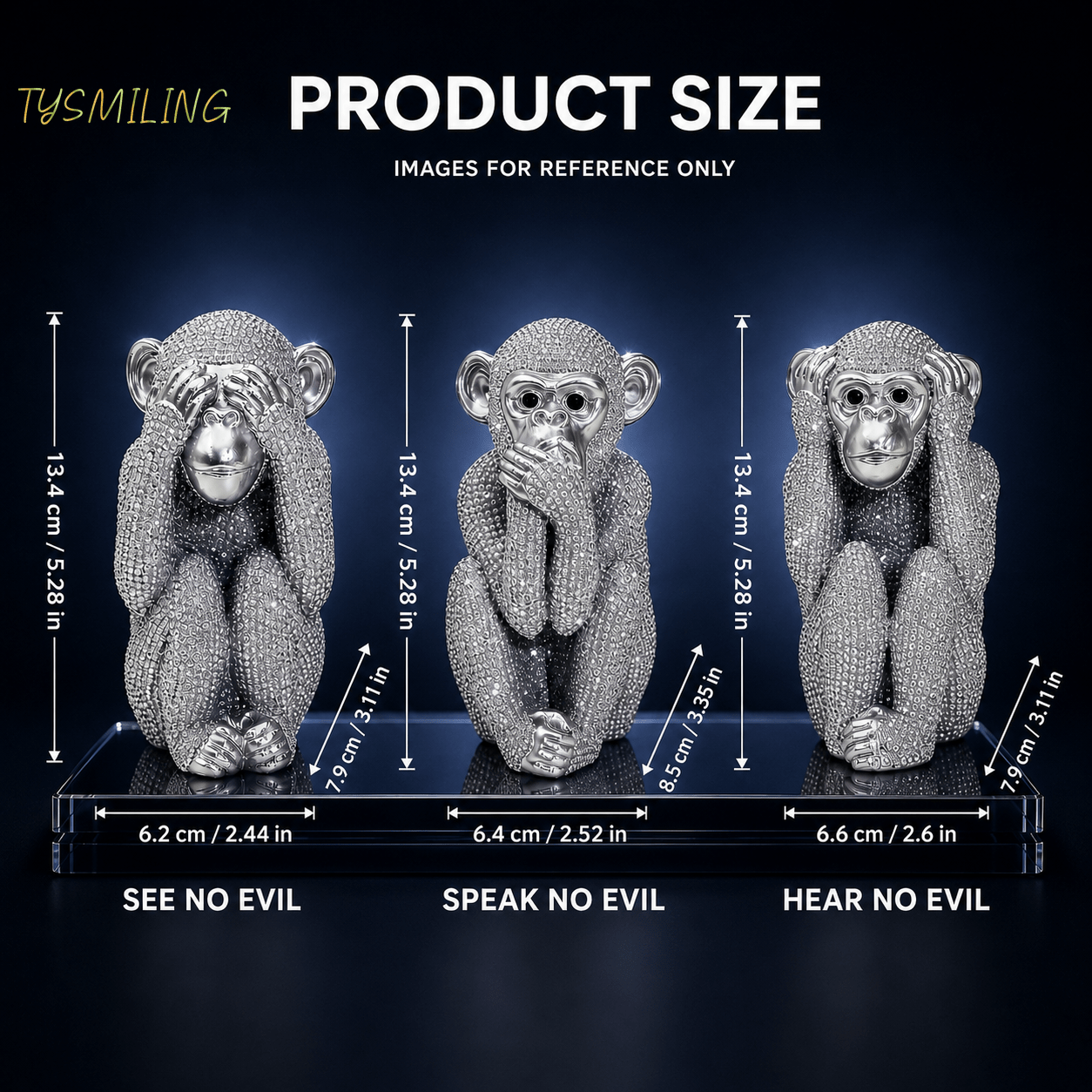 Image of 3pcs Silver Rhinestone 3 Wise Monkeys Figurine Set, See No Evil No Evil Speak No Evil Decorative Statues, Sparkling Home Office Living Room Shelf Decor, Elegant Housewarming Birthday & Christmas Gift