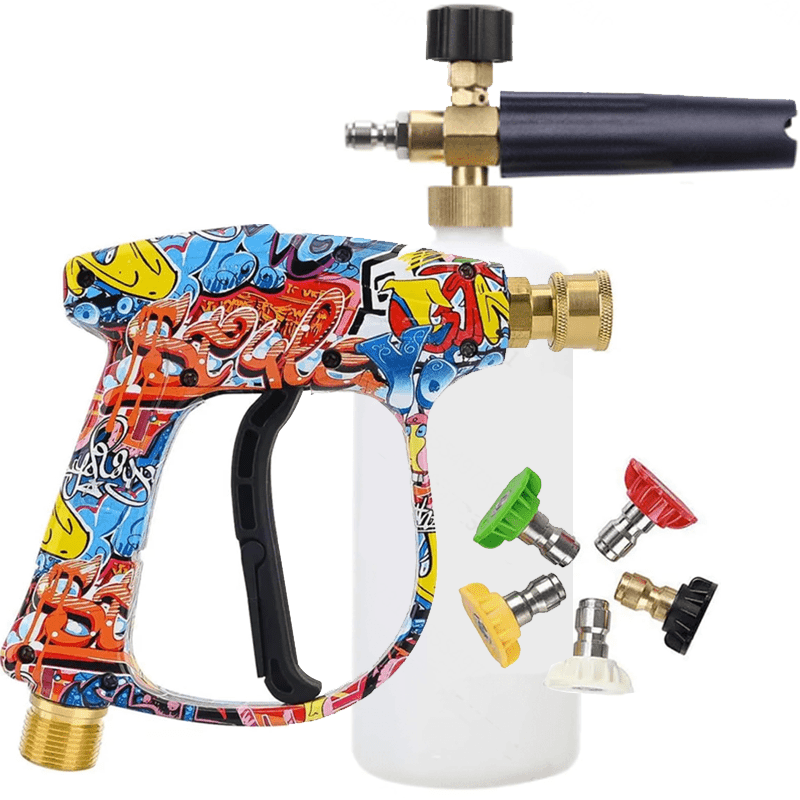 TEMU Painted High-pressure Washer Gun 3000 Psi Max, Power Washer Short Gun M22-14mm With 1/4 Inch And 5 Tips Nozzle 1 Liter Bottled Snow Foam Lance,