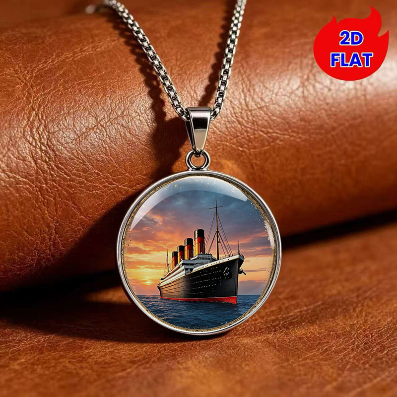 TEMU 1pc, 2d Flat Vintage Titanic-themed Men's Round Stainless Steel Pendant Necklace, Classic Ocean Liner Sunset Nautical Chart Pattern Necklace,