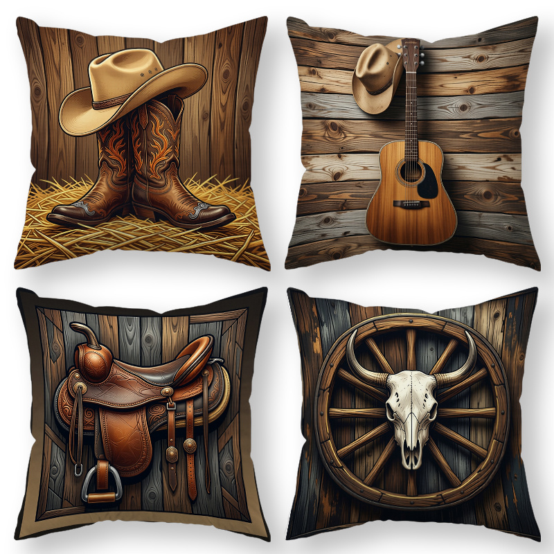 TEMU Printed Design - Not Textured, 4pcs Throw Pillow Covers, Decorative Cushion Cases, Western-style Cowboy-themed With Hat, Boot, Guitar, , And ,