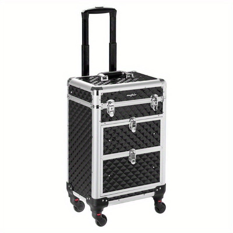 

Omysalon Aluminum Rolling Makeup Train Case, Portable Makeup Organizer Suitcase, Cosmetic Storage Box, Luggage Trolley Lockable W/4 Removable Wheels & 2 Sliding Drawers (black)