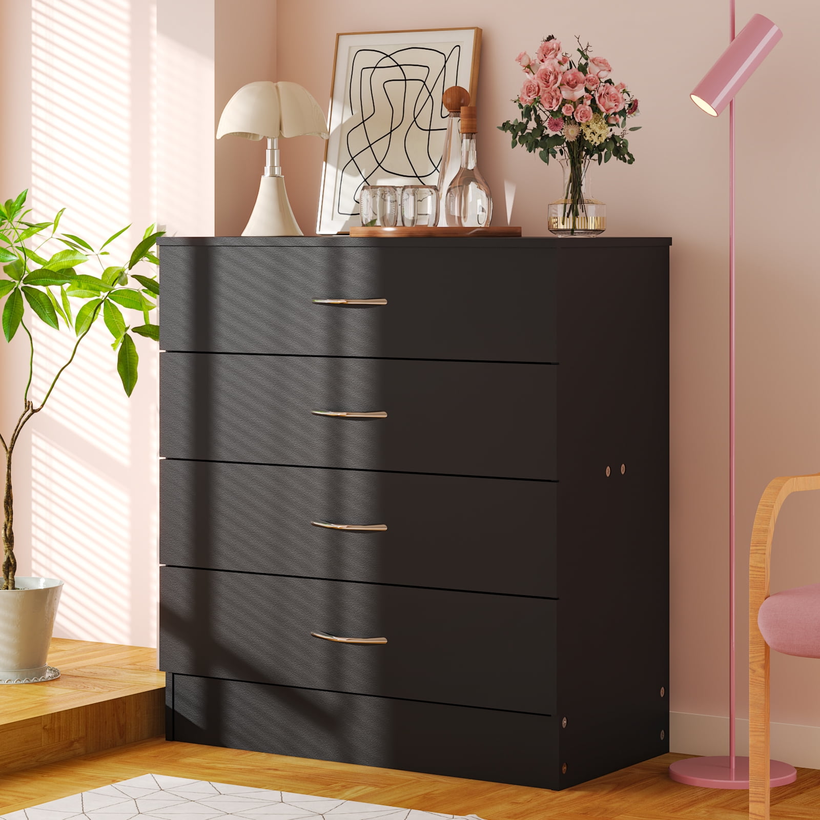 Image of Pink Dresser With 4 Drawers - 30.42' Tall Wooden Chest Of Drawers With Metal Handle For Bedroom, Living Room, Entryway