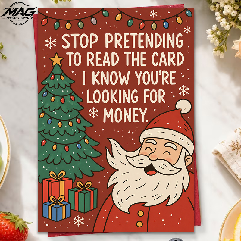 TEMU Pretending To Read Christmas Humor Greeting Card, "i You're Looking For Money," Santa Claus Gift Christmas Tree Illustration, Blank Inside,