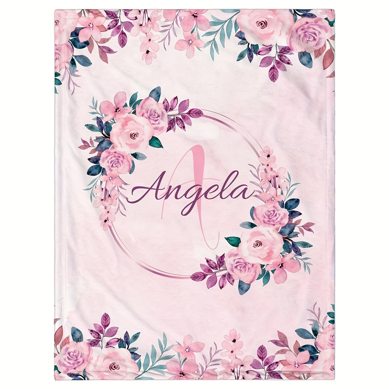 TEMU 1 Personalized Pink Floral Name Blanket - Soft Flannel Blanket With Custom Monogram "a" And Rose Pattern, Suitable For Sofa, Bed, Travel,