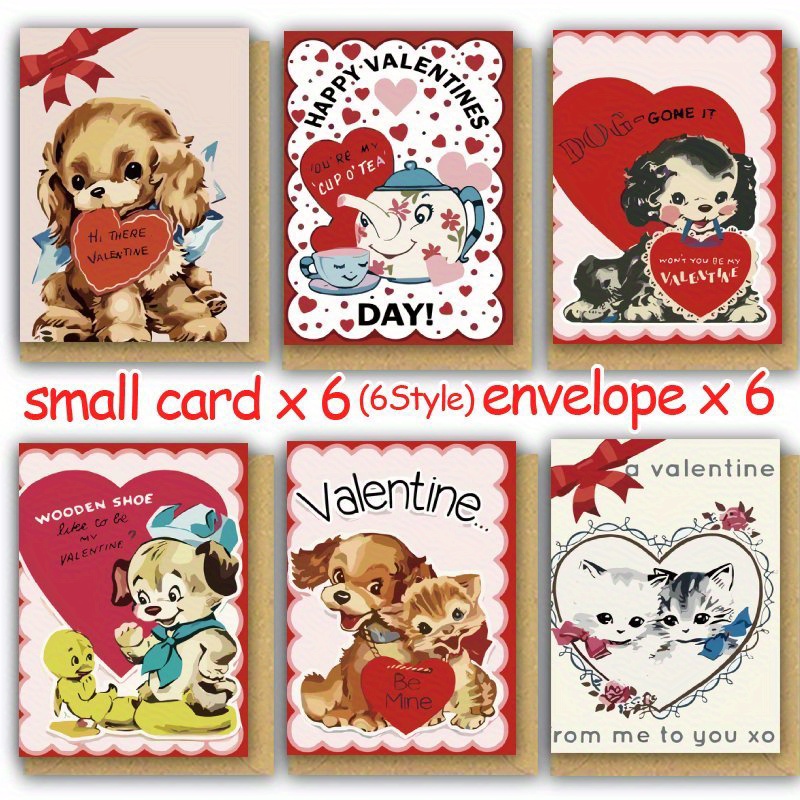 

6-pack Retro Valentine's Day Greeting Cards With Envelopes, Assorted Love Themed Paper Cards For Wife, Husband, Girlfriend, Lovers, Anniversary, Galentine's - Of 6 Styles