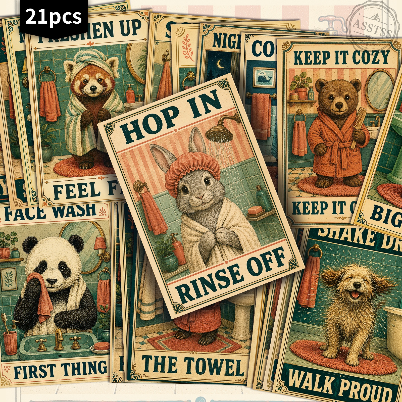 TEMU 21-pack Asstss Vintage Animal Bathroom Postcards - 4x6 Inches Retro Junk Journal Supplies, Classic Pinup Illustrations Collectible Decorative