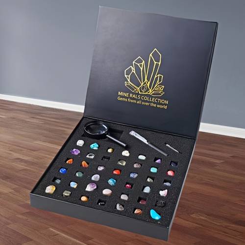 1set random natural mineral label gift box set 43 mineral specimens 2 magnifying glass pen suitable for beginners to learn about mineral collection holiday gift box birthday present